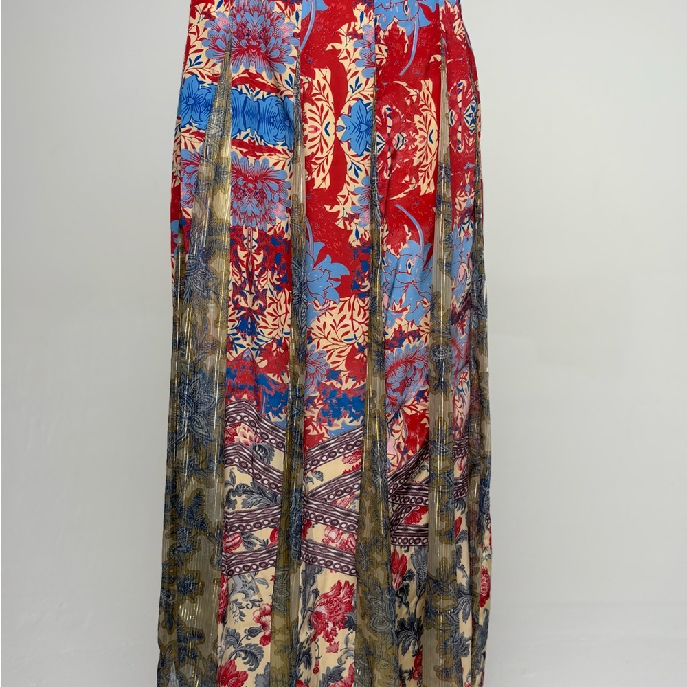 Floral Patchwork Maxi Skirt - Red, Blue, and Tan
